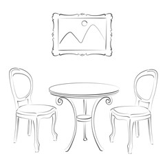 Sketched cafe interior. 