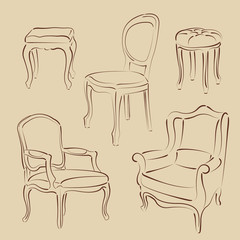 Set of sketched armchairs and chairs. 