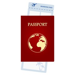 Red passport and airline ticket