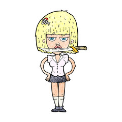 cartoon woman with knife between teeth