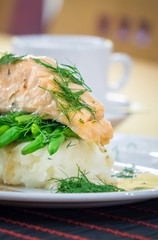 Roast salmon, beans and potatoes