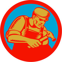 Carpenter With Hammer Circle Woodcut
