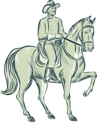 Fototapeta premium Cavalry Officer Riding Horse Etching