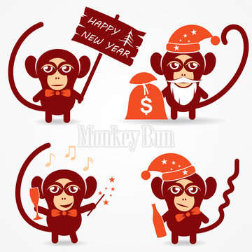 Christmas funny monkey / Set of vector illustrations of a funny monkey with a sign greeting with champagne with sparklers and presents.