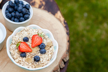 Breakfast in the garden: oatmeal cereals with berries on the dark wooden table, selective focus