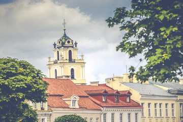 Obraz premium bell tower in the morning light in Vilnius on background blue sk