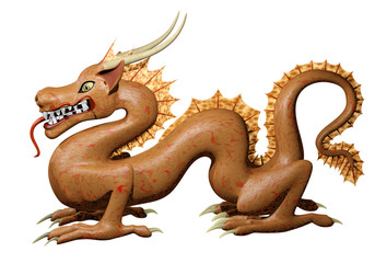 Cute dragon in red and golden tints with green cat eyes isolated on white. 3D illustration..