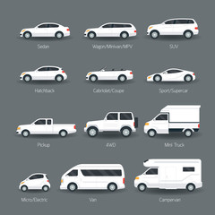 Car Type and Model Objects icons Set, White Body Color, Automobile,