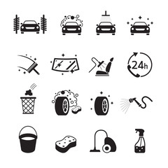 Fototapeta premium Car Wash Objects icons Set, Black and white, Silhouette, Car Care, Automobile