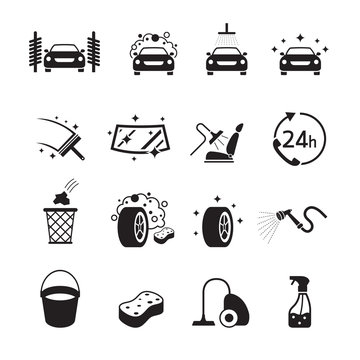 Car Wash Objects icons Set, Black and white, Silhouette, Car Care, Automobile