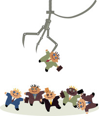 A claw crane arcade game picking up one of many rag doll businessman, metaphor for a recruitment or business competition, EPS 8 vector illustration 