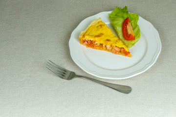 Homemade pie hearty puff pastry one piece with vegetables