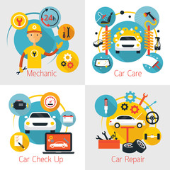 Mechanic and Car Maintenance Service Concept Set, Automobile Check Up, Repair