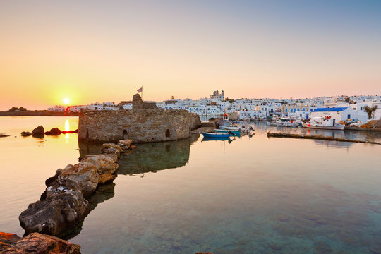 View of the port in Naousa village on Paros island, Greece