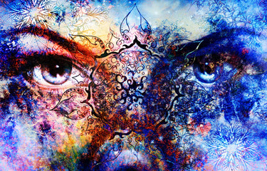 Blue women eye, color background with oriental mandala ornament