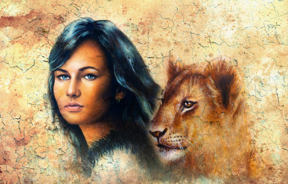 woman portrait, and lion cub, eye contact,  color painting 