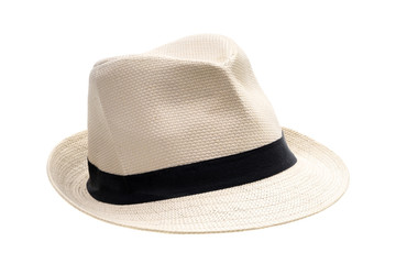 Panama straw hat with black ribbon seen from front right on white background