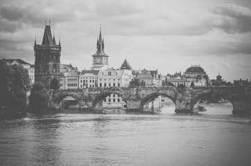 Fototapeta na wymiar Old retro style view of Charles Bridge in Prague, Czech Republic