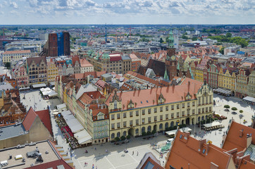 Aerial view during a sunny day on the market square in Wroclaw, Poland