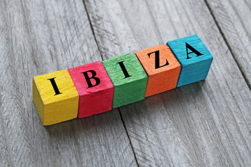 word Ibiza on colorful wooden cubes