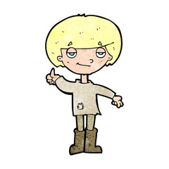 cartoon boy in poor clothing giving thumbs up symbol