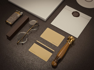 Set of identity elements on brown leather background