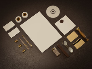 Set of identity elements on brown leather background
