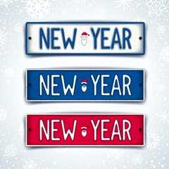 New Year - three realistic car sign with embossed text. Vector eps 10