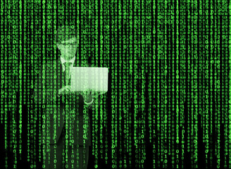 Digital hologram in a matrix style. A person with laptop is browsing data in the Internet. Green.