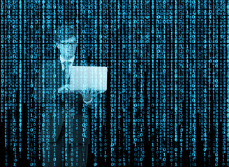 Digital hologram in a matrix style. A person with laptop is browsing data in the Internet. Blue.