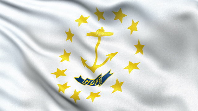 Realistic Rhode Island state flag waving in the wind. Seamless loop with highly detailed fabric texture.