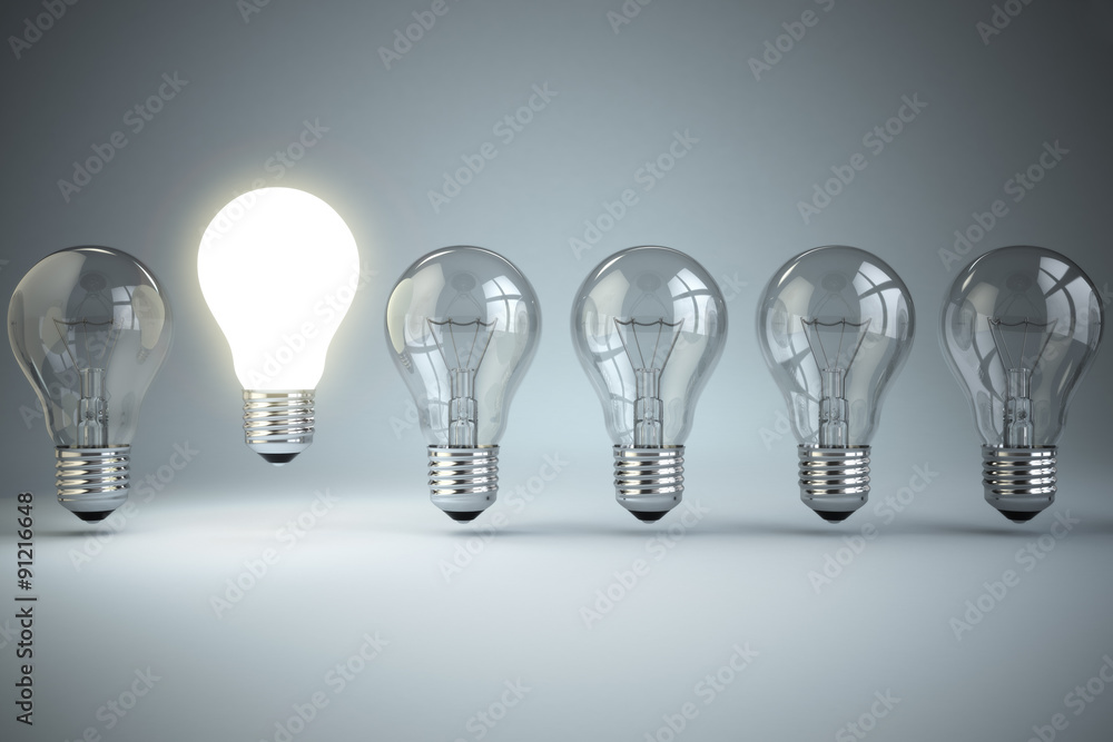 Poster idea or uniqueness, originality concept. row of light bulbs with