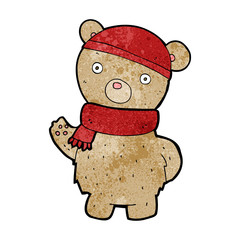 cartoon teddy bear in winter hat and scarf