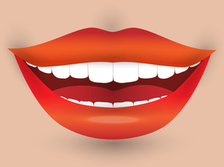 Smiling mouth of a woman with red lips and white teeth