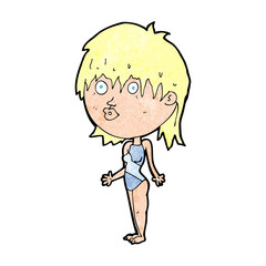 cartoon woman in swimsuit shrugging shoulders