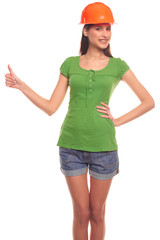 Cute woman isolated on white background in a protective helmet