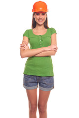 Cute woman isolated on white background in a protective helmet