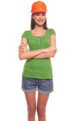 Cute woman isolated on white background in a protective helmet