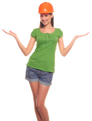 Cute woman isolated on white background in a protective helmet