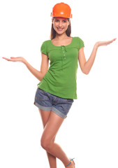 Cute woman isolated on white background in a protective helmet