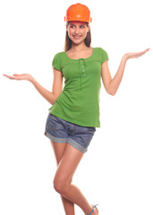 Cute woman isolated on white background in a protective helmet