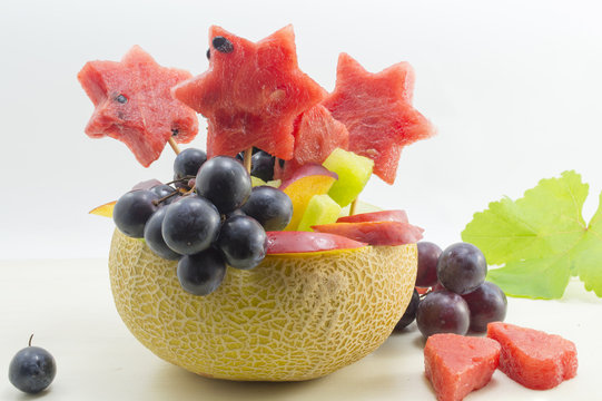 Healthy attractive fruit salad served in a fresh melon