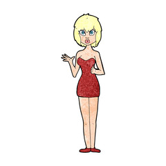 cartoon confused woman in cocktail dress
