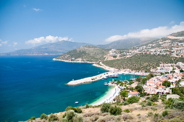 Naklejka premium Kalkan view from the viewpoint, sea and mountains, Turkey