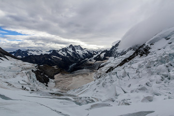 Fototapeta na wymiar View of the Grindelwald-Fiescher Glacier from Eismeer railway station
