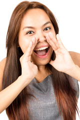 Close up Asian Girl Yelling Hands Around Mouth V