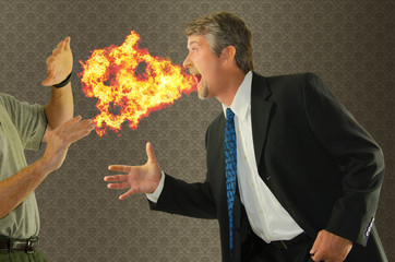 Bad breath chronic halitosis humor with a man breathing fire on someone as he goes to shake hands....