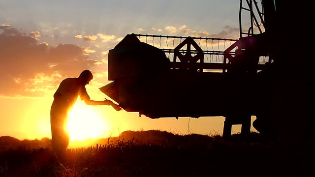 Combine header cleaning after wheat harvesting. Summer sunset.