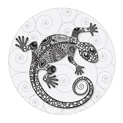 Zentangle stylized drawing of a lizard. Lizard silhouette covered various simple patterns. Black and white hand drawn doodle vector illustration. Sketch for tattoo.