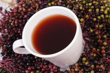 Cup of hot tea with elderberry juice and heap of berry, healthy nutrition